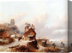 Skaters Canvas Paintings - A Winterlandscape With A Horserider On A Track Passing  A Farmhouse, Skaters On The Ice Beyond by Frederik Marianus Kruseman
