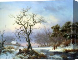 A Winter Landscape with Skaters Near a Village Canvas Paintings - Faggot Gatherers in a Winter Landscape by Frederik Marianus Kruseman