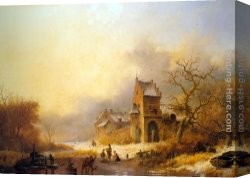 Lord Rivers' Roan Mare in a Landscape Canvas Paintings - Figures on a frozen river in a winter landscape by Frederik Marianus Kruseman