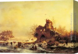 Lord Rivers' Roan Mare in a Landscape Canvas Paintings - Winter Landscape with Skaters on a Frozen River beside Castle Ruins by Frederik Marianus Kruseman