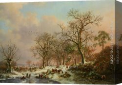 Wooded Landscape with Water Mill Canvas Paintings - Wood gatherers in a winter landscape with a castle beyond by Frederik Marianus Kruseman