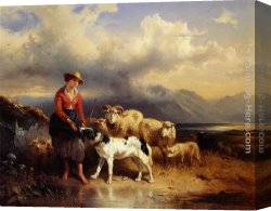 Junge Frau Mit Strohhut Als Verk Canvas Paintings - Baeurnmadchen mit Schafherde by Friedrich Gauermann