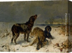 Friedrich Bamberger Canvas Paintings - Two Hunting Dogs with Their Catch by Friedrich Otto Gebler