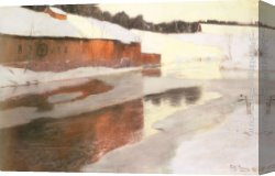 Building Canvas Paintings - A Factory Building near an Icy River in Winter by Fritz Thaulow