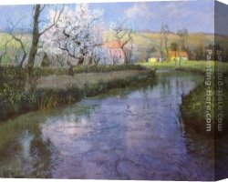 French Canvas Paintings - A French River Landscape by Fritz Thaulow