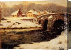 Stone Canvas Paintings - A Stone Bridge Over A Stream In Winter by Fritz Thaulow