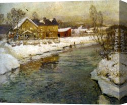 Gingerbread Cottage Canvas Paintings - Cottage by a Canal in the Snow by Fritz Thaulow