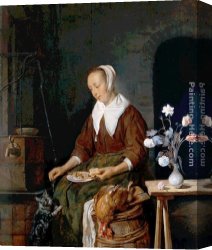 Feeding The Pigeons Canvas Paintings - Woman Eating and Feeding her Cat by Gabriel Metsu