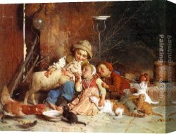 Ponies, a Calf And Poultry in a Farmyard Canvas Paintings - Farmyard Rascals by Gaetano Chierici