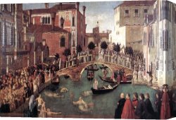Cross in The Wilderness Canvas Paintings - Miracle of the Cross at the Bridge of S. Lorenzo by Gentile Bellini