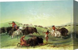 The Moose Hunt Canvas Paintings - Buffalo Hunt by George Catlin