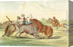 A Hunting Morn Canvas Paintings - Native American Hunting Buffalo on Horseback by George Catlin