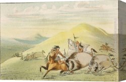 The Booty Hunting with Dogs Canvas Paintings - Native American Sioux Hunting Buffalo on Horseback by George Catlin