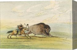 The Booty Hunting with Dogs Canvas Paintings - Native American Sioux Hunting Buffalo on Horseback II by George Catlin