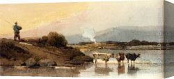Prospecting for Cattle Range Canvas Paintings - An Indian Herdsman On A Bank, Cattle Watering In A River Below by George Chinnery