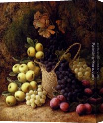 Still Life with Grapes, a Peach, Plums And a Pear on a Table with a Wine Glass And a Flask Canvas Paintings - Still Life with Apples, Grapes and Plums by George Clare