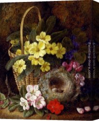 Nest Canvas Paintings - Still Life with Primroses, Violas, cherry Blossom and Geraniums and a Thrush's Nest by George Clare