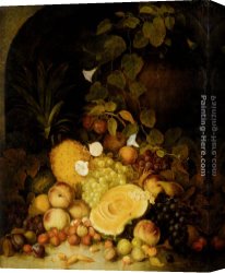 Lance Canvas Paintings - Still Life With Peaches, Plums, Strawberries And Tropical Fruits In An Architectural Miche by George Lance