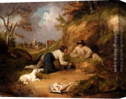 The Booty Hunting with Dogs Canvas Paintings - Two Men Hunting Rabbits With Their Dog, A Village Beyond by George Morland