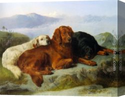 Setters Canvas Paintings - A Golden Retriever, Irish Setter, and a Gordon Setter in a Mountainous Landscape by George W. Horlor