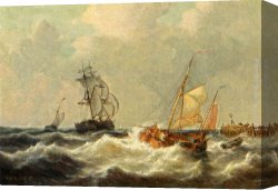 Willem Canvas Paintings - Sailing Vessels In Choppy Waters by George Willem Opdenhoff