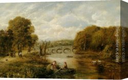 A Shepherd And His Dog Guarding a Flock of Sheep Canvas Paintings - Shepherds Driving their Flock by George William Mote