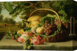 Still Life with Flowers And Fruit Canvas Paintings - A still life with flowers grapes and a melon by Geraldine Jacoba Van De Sande Bakhuyzen