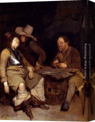 A Rank Soldier of The 7th Hussar Regiment Canvas Paintings - A Guard Room Interior, With A Soldier Blowing Smoke In The Face Of His Sleeping Companion, A Third Looking On by Gerard ter Borch