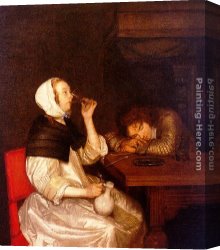 A Rank Soldier of The 7th Hussar Regiment Canvas Paintings - Woman Drinking with a Sleeping Soldier by Gerard ter Borch