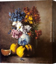 Still Life with Flowers And Fruit Canvas Paintings - A Still Life with a Vase of Flowers and Fruit by Germain Theodure Clement Ribot
