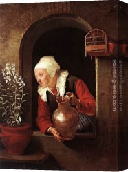 Calves Watering Canvas Paintings - Old Woman Watering Flowers by Gerrit Dou