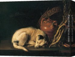 Dogs Canvas Paintings - Sleeping Dog with Terracotta Jug, Basket and Kindling Wood by Gerrit Dou