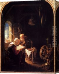 Tobias Canvas Paintings - The Bible Lesson, Or Anne And Tobias by Gerrit Dou