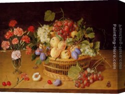 Basket Canvas Paintings - A Still Life Of A Vase Of Carnations To The Left Of A Basket Of Fruit by Gerrit van Honthorst