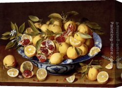 Still Life with Flowers And Fruit Canvas Paintings - A Still Life Of A Wanli Kraak Porcelain Bowl Of Citrus Fruit And Pomegranates On A Wooden Table by Gerrit van Honthorst