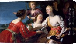 Diana And Acteon Canvas Paintings - Diana Resting After The Hunt, With Shepherdesses And Two Greyhounds, A Landscape Beyond by Gerrit van Honthorst