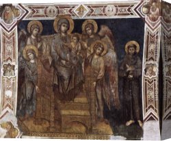 Madonna with Child Canvas Paintings - Madonna Enthroned with the Child, St Francis and four Angels by Giovanni Cimabue