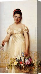 Costa Canvas Paintings - A Young Lady Holding A Basket Of Flowers by Giovanni Costa