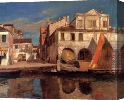 Gustav Bauernfeind Canvas Paintings - Kanalszene In Chioggia Mit Bragozzo by Gustav Bauernfeind