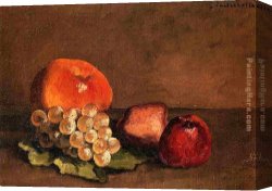 Apples Peaches Pears And Grapes Canvas Paintings - Peaches, Apples and Grapes on a Vine Leaf by Gustave Caillebotte
