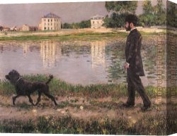 Dogs Canvas Paintings - Richard Gallo and His Dog at Petit Gennevilliers by Gustave Caillebotte