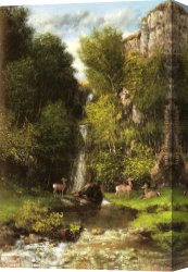 Family Canvas Paintings - A Family of Deer in a Landscape with a Waterfall by Gustave Courbet