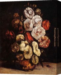 Bowl Canvas Paintings - Hollyhocks in a Copper Bowl by Gustave Courbet