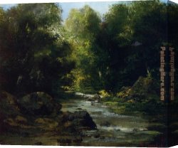 A River Landscape in Springtime Canvas Paintings - River Landscape by Gustave Courbet