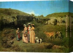 Ladies Canvas Paintings - The Young Ladies of the Village by Gustave Courbet