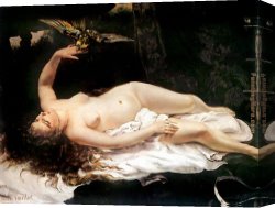 Woman with a Mirror Canvas Paintings - Woman with a Parrot by Gustave Courbet