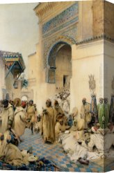 Gustavo Canvas Paintings - African figures dancing in a courtyard by Gustavo Simoni