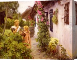 Gingerbread Cottage Canvas Paintings - The Cottage Garden by Hans Anderson Brendekilde