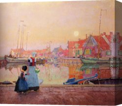 Fishing Boats at Dusk Canvas Paintings - A Dutch Fishing-Village At Dusk With Figures On A Quay by Hans Herrmann
