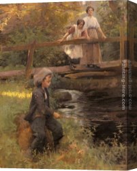 Fishing Canvas Paintings - Fishing By A Forest Stream by Harold Harvey